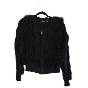 Ark & Co Black Eyelash Plume Zip Up Wool Blend Sweater